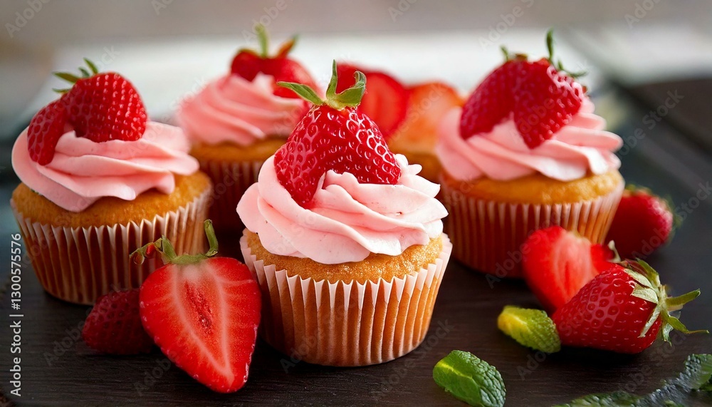 cupcake with pink frosting and strawberry cupcake with pink frosting and strawberry