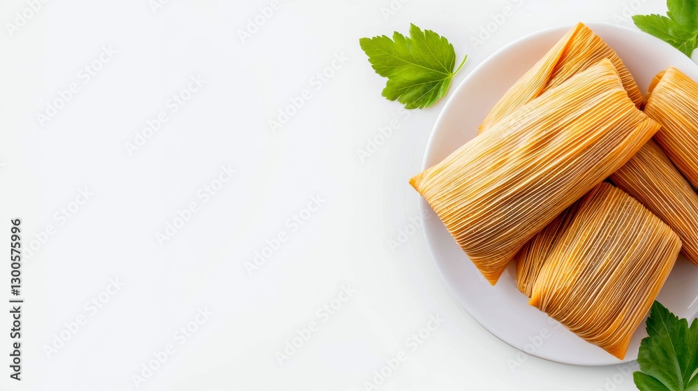 Delicious Tamales on White Plate with Green Leaves Delicious Tamales on White Plate with Green Leaves
