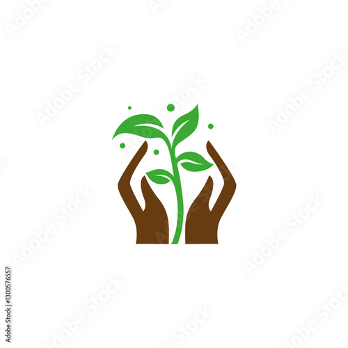 nature caring hand logo with growing plant seeds in flat vector design style