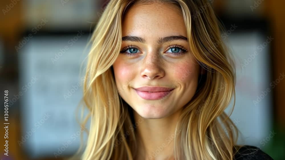 Portrait of a smiling young woman with long blonde hair and blue eyes, indoors setting. Portrait of a smiling young woman with long blonde hair and blue eyes, indoors setting.