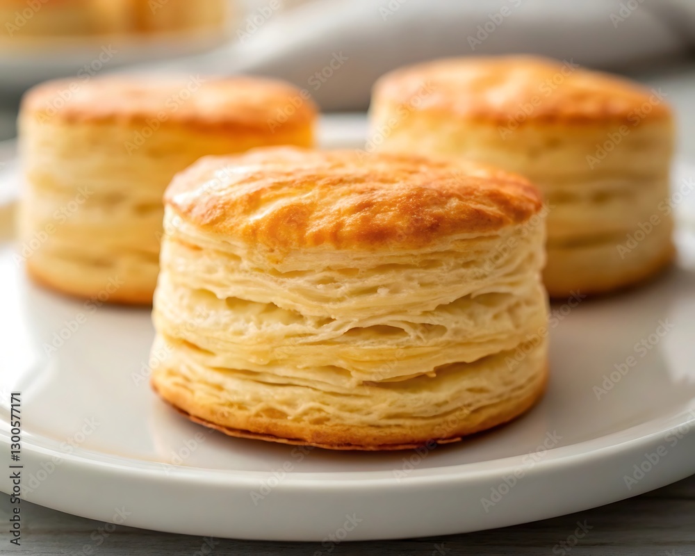 Three golden brown biscuits on a white plate. Three golden brown biscuits on a white plate.