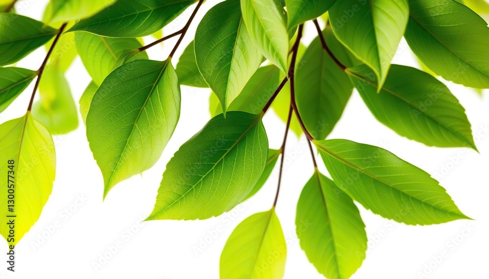 Naklejka premium Intricate details of lush green leaves, vibrant and sharp against a pure white backdrop, tropical, environment