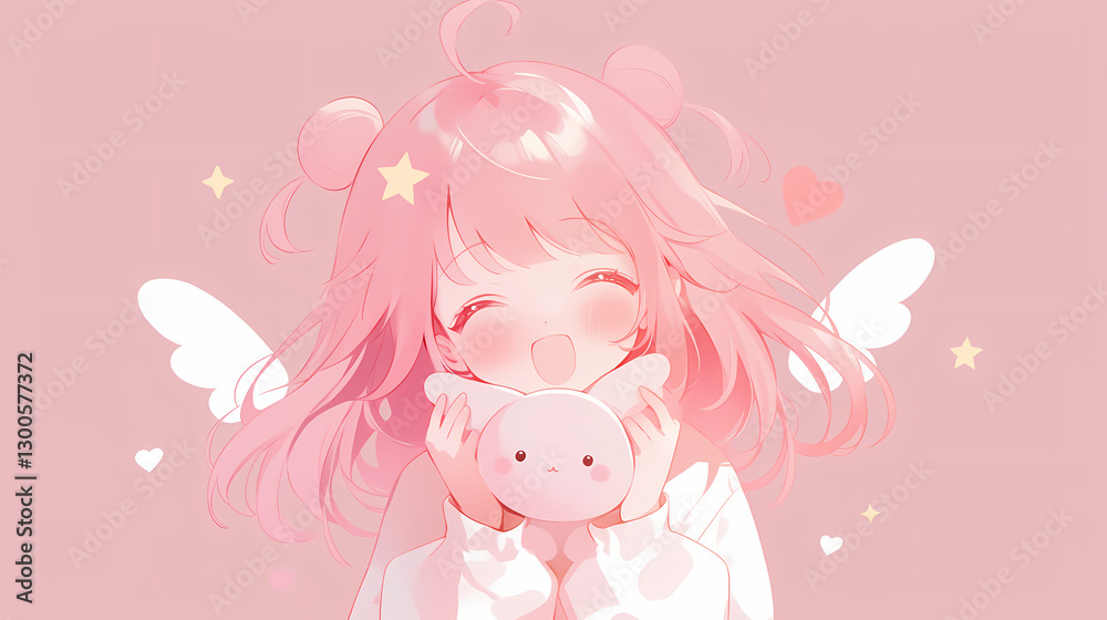 Cheerful girl with pink hair holding a plush toy against a soft pink background with whimsical elements Cheerful girl with pink hair holding a plush toy against a soft pink background with whimsical elements