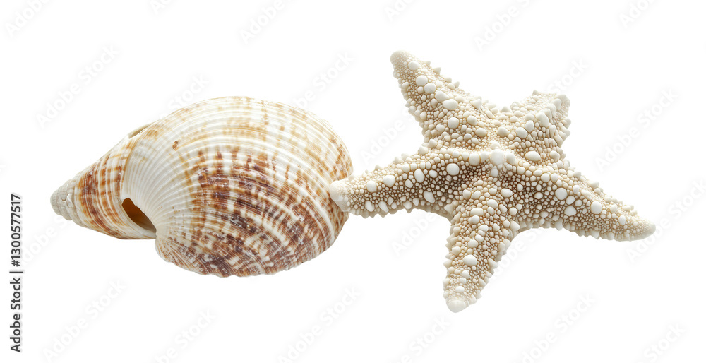 Obraz premium Collection of a seashell and starfish on a white background for beach-themed design, summer decor, or educational use, cut out