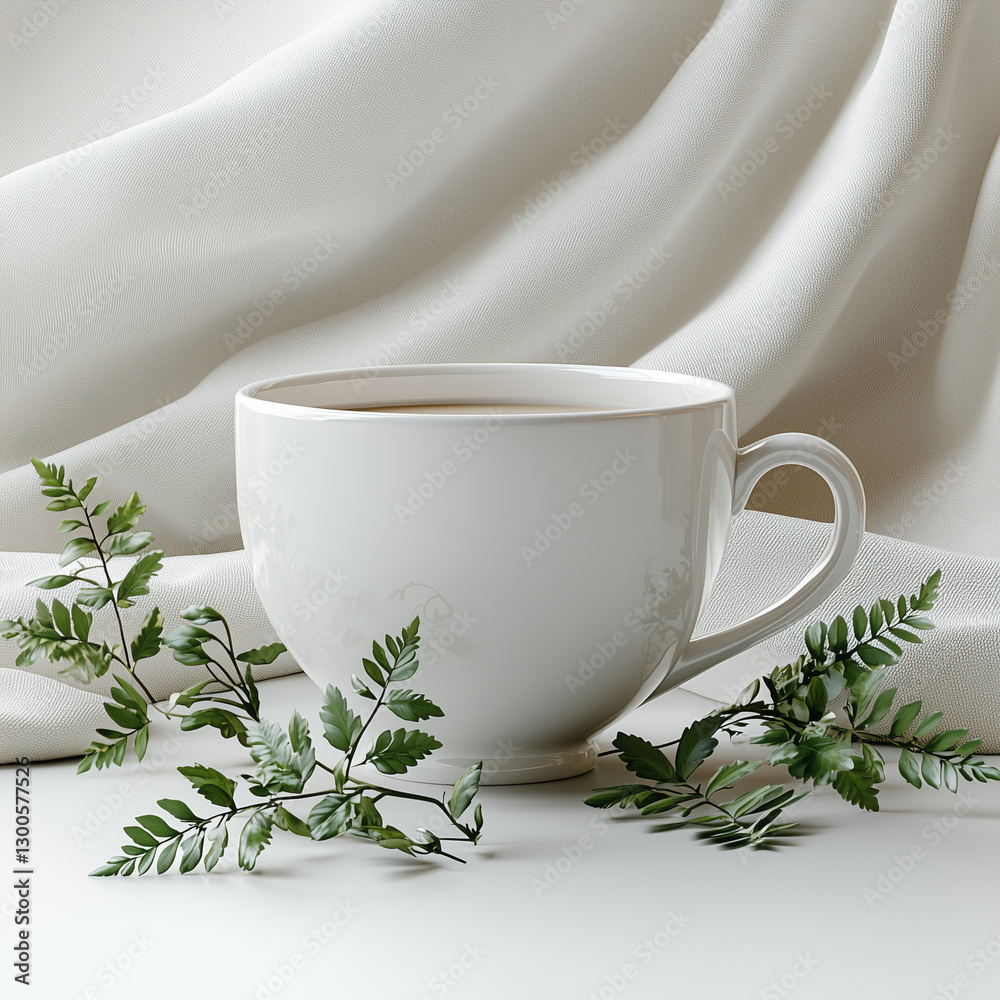 White Cup on White Background with Plant Leaves – Minimalist Composition White Cup on White Background with Plant Leaves – Minimalist Composition