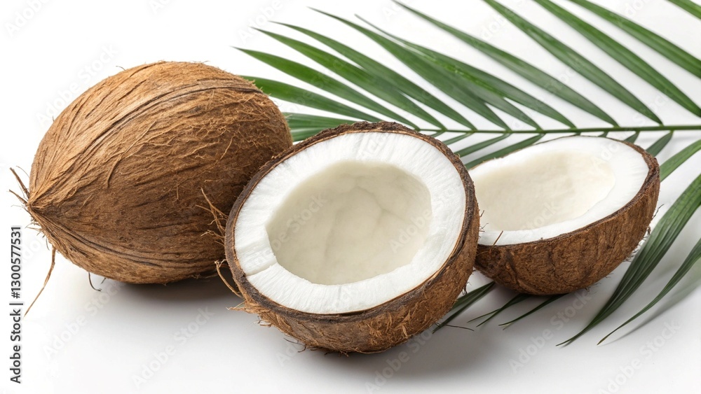 Fresh Tropical Coconut with White Flesh and Palm Leaves on White Background Fresh Tropical Coconut with White Flesh and Palm Leaves on White Background