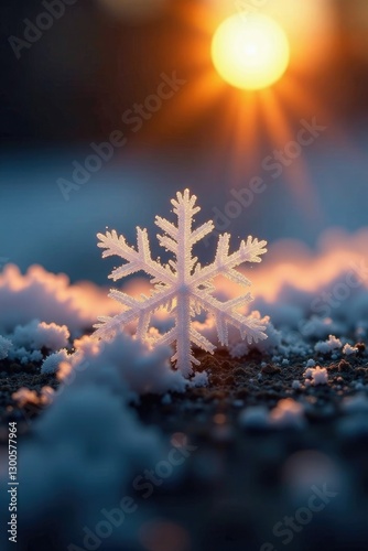 A single snowflake glistens in the sun's warm rays on a dark surface, frosty, rays, shadows