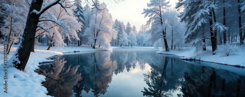 A forest pond with snow-covered trees reflected in the calm water, forest pond, reflection