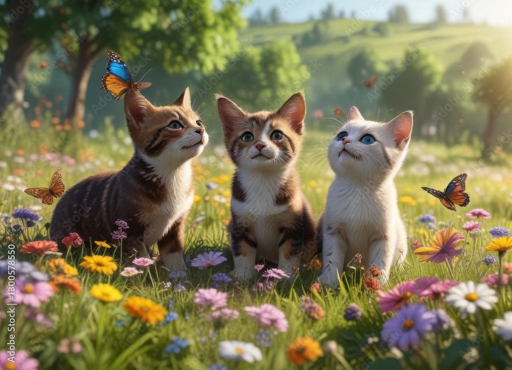 Adorable animal friends playing together in a sunny meadow with colorful flowers and butterflies , animals, cartoon, outdoors Adorable animal friends playing together in a sunny meadow with colorful flowers and butterflies , animals, cartoon, outdoors