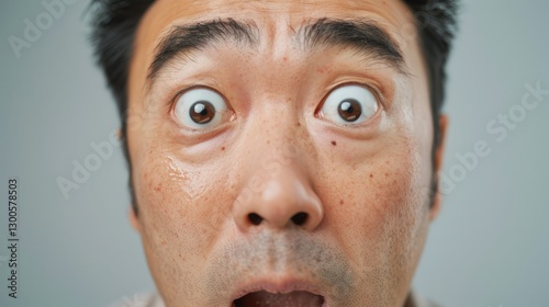 A person's face with an exaggerated expression of surprise or shock.