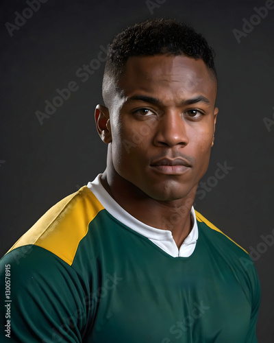 Intense Portrait of a Black Rugby Player in Green and Yellow Jersey with Focused Stare photo