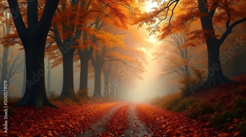 A tranquil autumn forest path covered in red, orange, and yellow fallen leaves, leading into a misty woodland filled with towering trees
