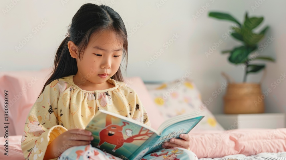 A little girl engrossed in reading a book in bed. A little girl engrossed in reading a book in bed.