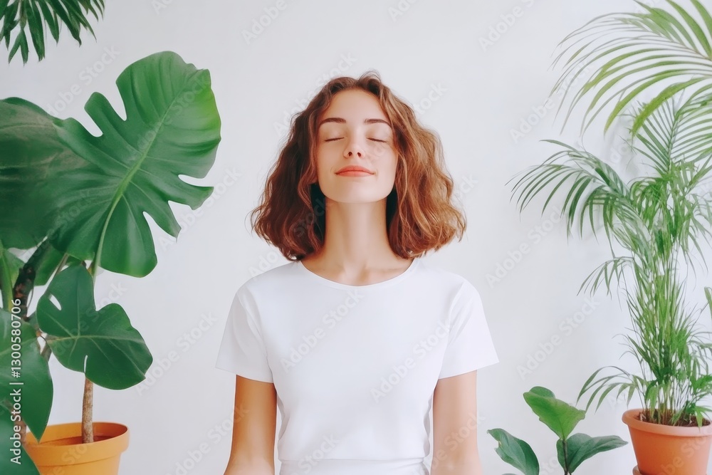 Young woman practicing meditation in a bright room surrounded by indoor plants during the day Young woman practicing meditation in a bright room surrounded by indoor plants during the day