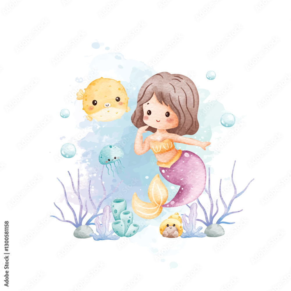 Watercolor Illustration Cute Mermaid and Pufferfish Watercolor Illustration Cute Mermaid and Pufferfish