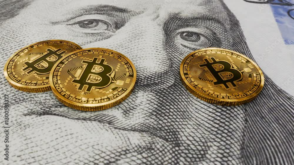 Golden crypto bitcoin coins on a 100 dollar bill featuring Benjamin Franklin