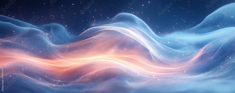 Fototapeta premium Ethereal Wave Abstract with Sparkling Stars and Flowing Light in Blue Orange Gradient Background Illustration