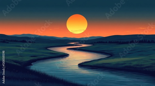 Serene sunset over winding river valley