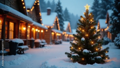 Evergreen fir tree placed in winter village center with snow and twinkling lights, Holiday decorations, Twinkling lights