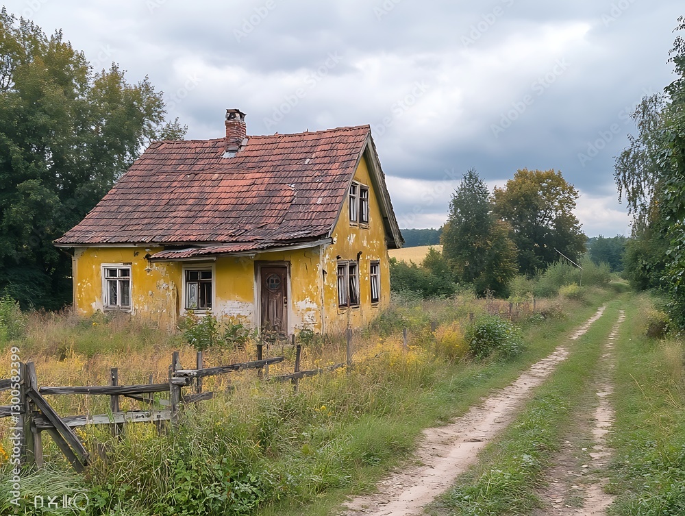 Derelict yellow house, rural path, overgrown Derelict yellow house, rural path, overgrown