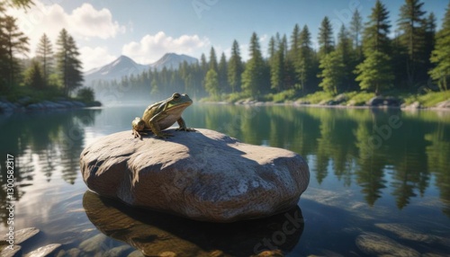 Frog on a rock near a serene lake with trees and sky,  calm atmosphere,  natural setting,  serenity