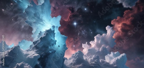 Frosty nebula with sparkling ice particles and snowy clouds,  frosty,  cosmic