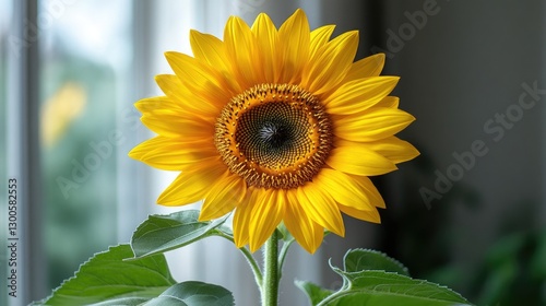 Bright sunflower in window, close-up, sunny day, indoor photo