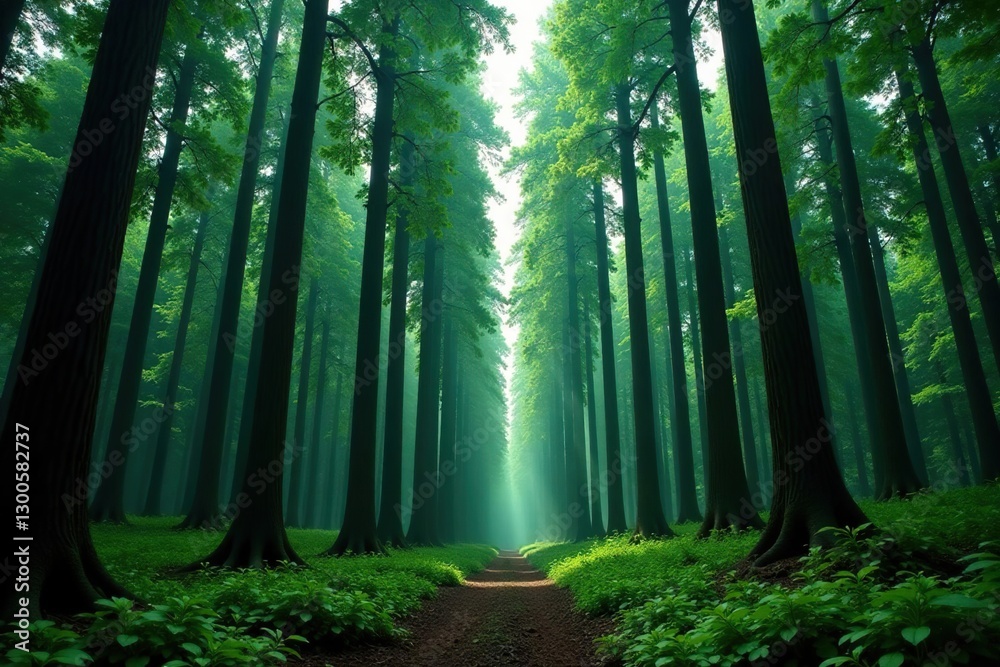 Fototapeta premium Tall trees tower above the forest floor, their canopies a dark green emerald, straight trees, forest