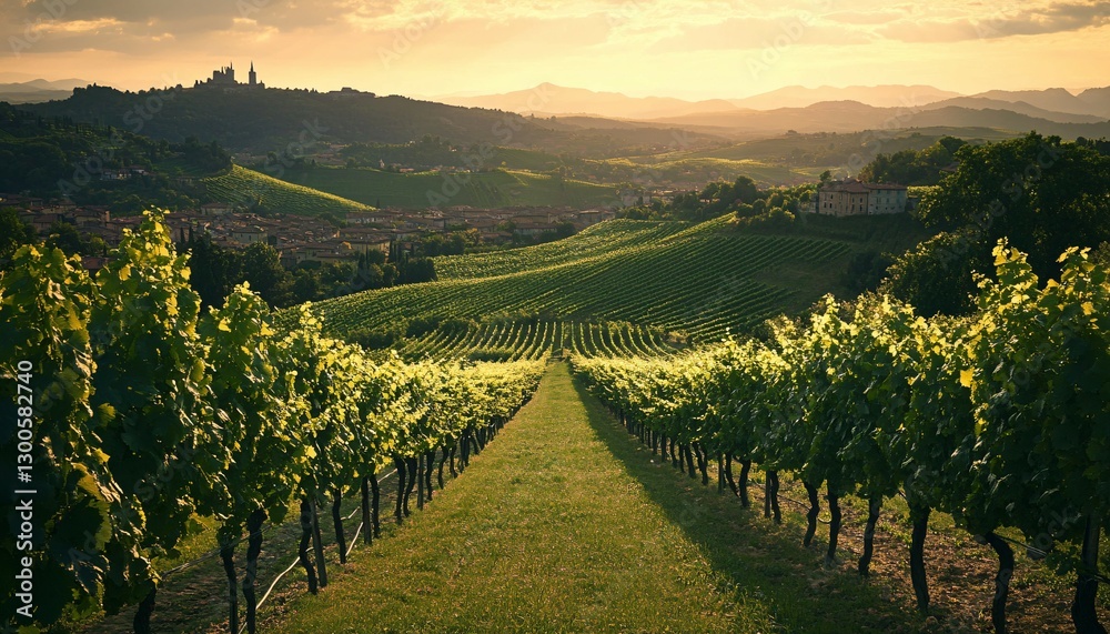 Naklejka premium A verdant vineyard on rolling hills under a beautiful sunset
