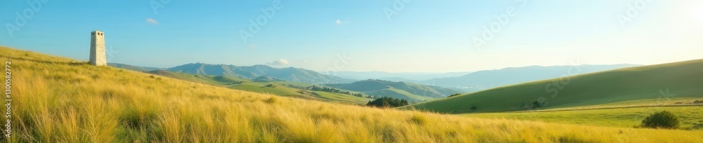 Fototapeta premium Rolling hills, solitary white column, expansive sky , visual, summer