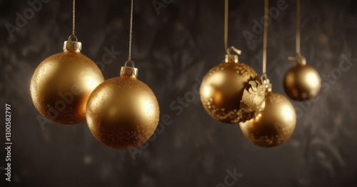 Glittering Christmas ornaments suspended in mid-air against a dark gold background,  sparkling,  isolated