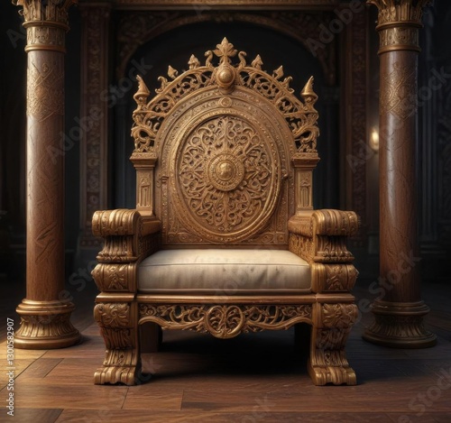 Golden crown atop intricately carved wooden throne,  ornate, regal,  royal crown