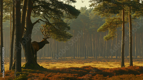 A red deer in golden morning light, standing proudly in a tranquil forest with a soft side profile view, surrounded by a blurred woodland background.