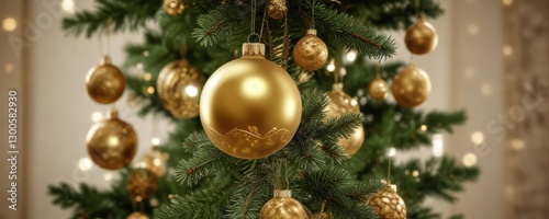 Golden ornament on a decorated Christmas tree branch ,  gold,  tree,  festive