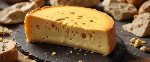 Golden yellow cheese with hole-like structure and crusty edges,  warmth,  food