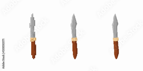 Three pixel art swords with wooden handles and silver blades shown in varied angles and rotations.