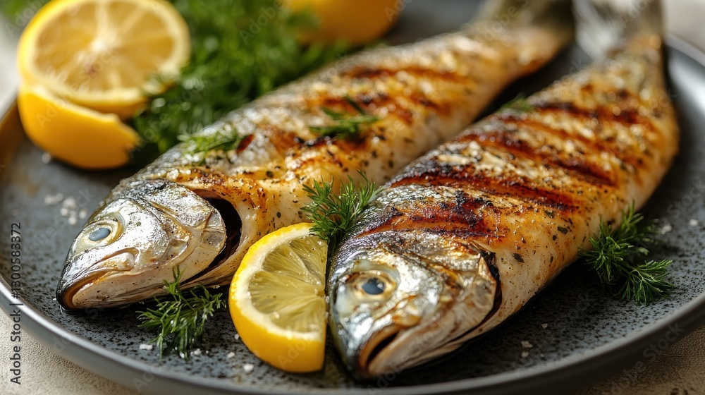 Grilled fish served on a dark plate with fresh lemon slices and vibrant herbs creating a culinary delight for seafood lovers enjoying a gourmet meal at any time Grilled fish served on a dark plate with fresh lemon slices and vibrant herbs creating a culinary delight for seafood lovers enjoying a gourmet meal at any time