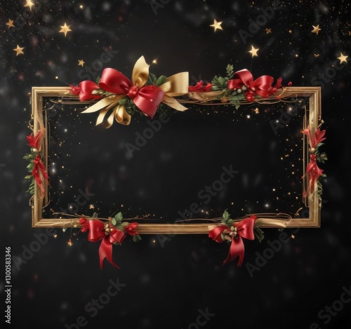 Holiday greeting banner with stars and ribbons on black background,  starry night,  festive decoration,  mistletoe