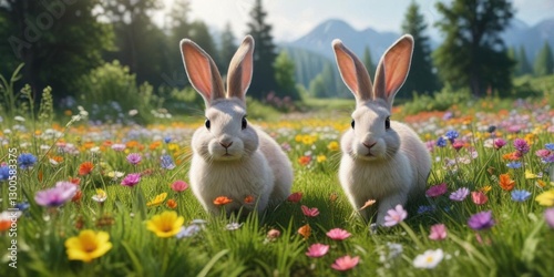 Hopping bunny ears in meadow with colorful flowers and hidden eggs,  Easter,  bunny ears,  nature