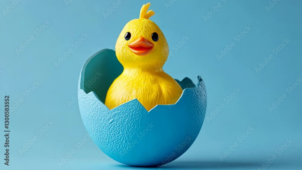 Bright yellow rubber duck emerging from a blue eggshell against a light blue background