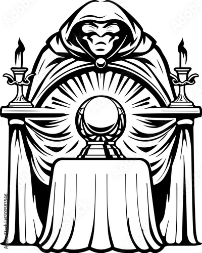 Occult steampunk SVG vector features a mystical steampunk engineer.Mysterious Fortune Teller with Crystal Ball and Candles