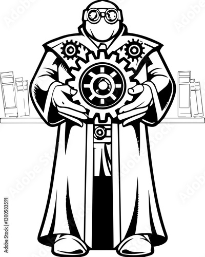 Occult steampunk SVG vector features a mystical steampunk engineer.Inventive Character Holding Gear with Books in Background