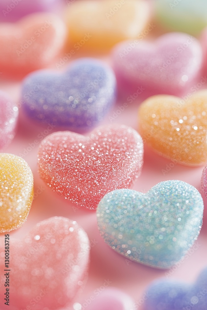 A collection of sugar-dusted heart jellies in a range of colors. A collection of sugar-dusted heart jellies in a range of colors.