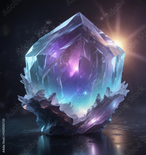 Iridescent mist swirling around a glowing crystal, dreamy, ethereal