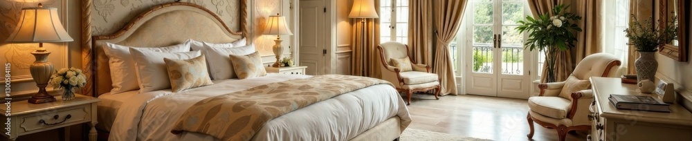 Fototapeta premium Luxurious wedding suite with leaf-patterned bedding and elegant furniture, leaf patterns, foliage