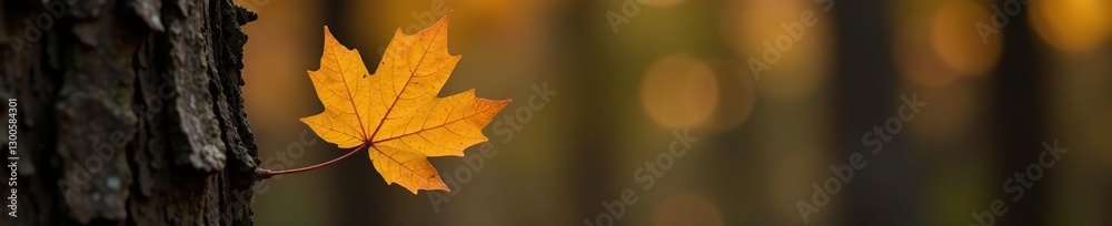 A solitary golden maple leaf clings to its last thread of stem on a bare tree trunk, autumn, wood A solitary golden maple leaf clings to its last thread of stem on a bare tree trunk, autumn, wood