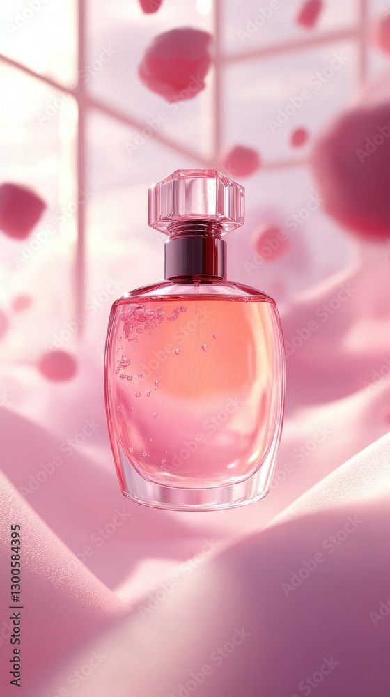 Floating bottle of perfume surrounded by soft pink hues and delicate floral reflections creates an enchanting atmosphere of elegance and allure Floating bottle of perfume surrounded by soft pink hues and delicate floral reflections creates an enchanting atmosphere of elegance and allure