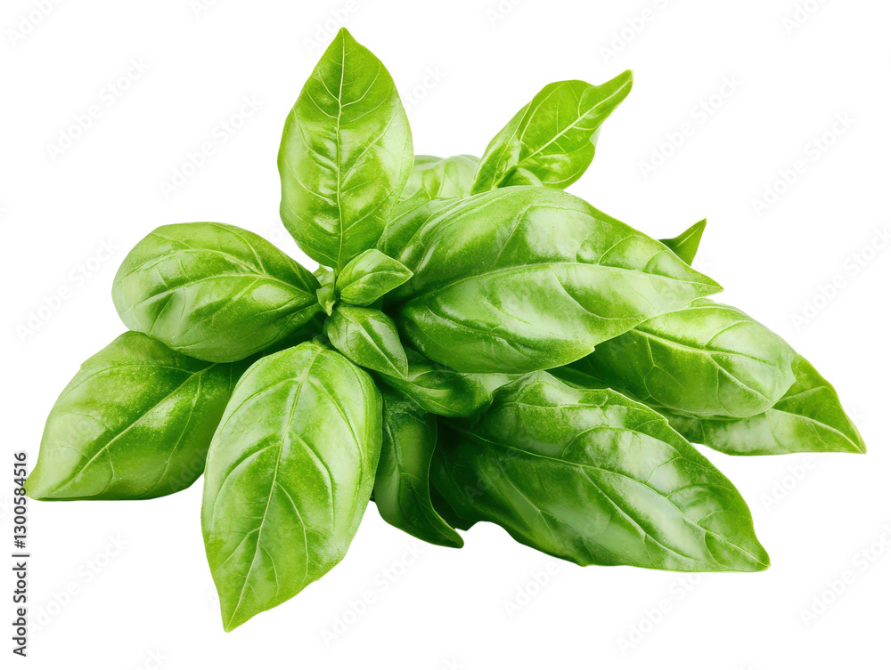 A bundle of fresh basil leaves with vibrant green color, aromatic and fresh, isolated on transparent background, PNG