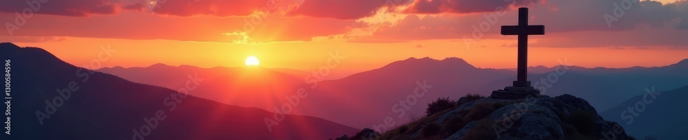Fototapeta premium Silhouetted cross at sunrise, majestic mountain backdrop, mountains, majestic, tranquility
