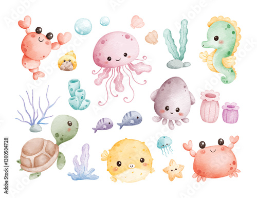Watercolor Illustration Set of Kawaii Sea Animals and Coral
